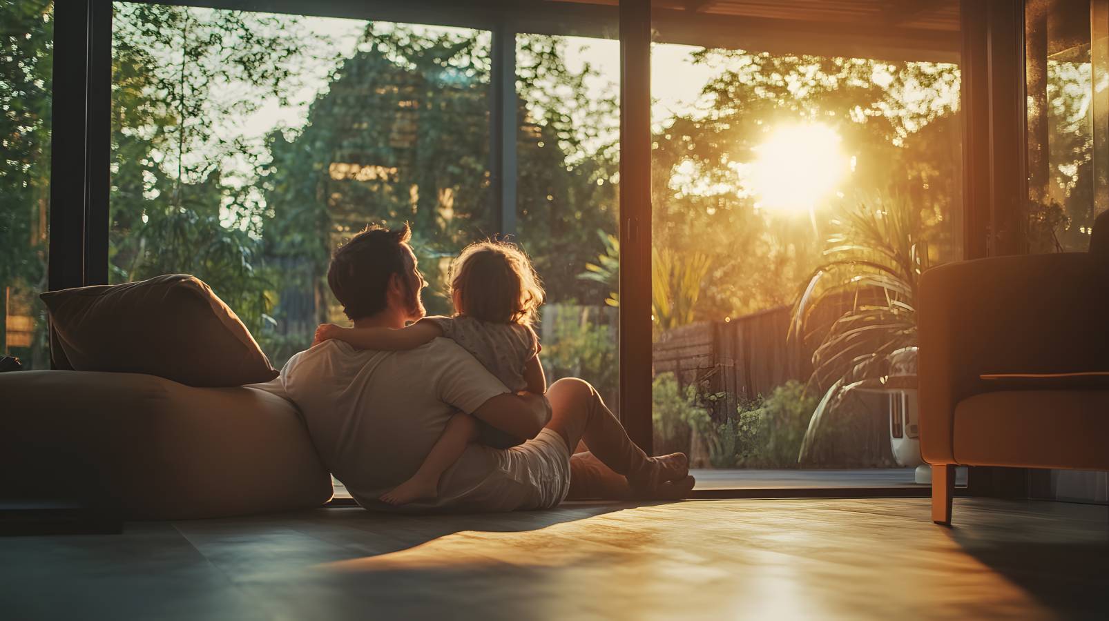 Família em casa ao pôr do sol